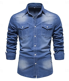 preiswerte -Herren Hemd Freizeithemd Knopfhemd Jeanshemd Einfach Urlaub Täglich Hellblau Schwarz Dunkelmarine Blau Langarm Kragen Winter Frühling & Herbst Bekleidung Fronttasche