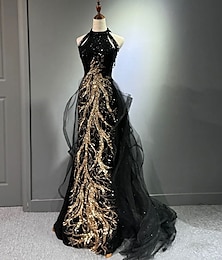 abordables -Robe de bal trapèze brodée en or noir, robe scintillante, longueur au sol, sans manches, col haut, paillettes avec pompon pailleté, 2025