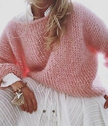 abordables -pull femme pull pull pelucheux col rond tricot côtelé automne hiver extérieur quotidien week-end décontracté doux manches longues couleur pure rose kaki
