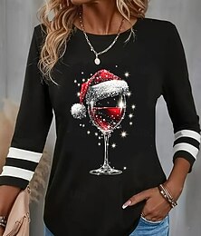 abordables -Femmes Chemise Chemisier Verre de vin Occasionnel manche longue Col ras du cou Hauts Réguliers Noël Quotidien Patchwork Noir Vin Bleu Vert Automne Hiver