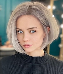 economico -parrucche corte da donna con capelli lisci e mèches grigie, parrucche corte ed eleganti con strato soffice, riga centrale naturale, parrucche resistenti al calore per donne con frangia