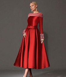 preiswerte -Ä-Linie Cocktailkleider Elegantes Kleid Formelles Tee-Längen-Langarm-Juwelenhals Satin mit Perlen Derby-Kleider 2025