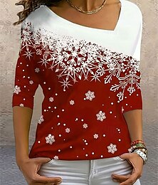 economico -T Shirt da donna Stampa Fiocco di Neve a maniche 3/4 Collo a V Gradiente Rosso Bianco Vacanze Casual Festivo Inverno Top Comodo Morbido Regolare Fit