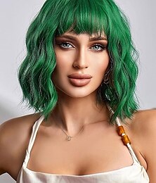 economico -parrucca con frangia parrucche corte ondulate per donne lunghezza spalle parrucche caschetto riccio parrucche sintetiche resistenti al calore per feste di natale parrucche cosplay uso quotidiano per