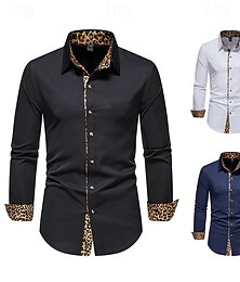 billige -Herre Dresskjorter Skjorte med krage Skjorte med knapper Leopard Bryllup Daglig Svart Hvit Navyblå Langermet Alle årstider Klær