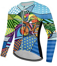 お買い得  -男性用 サイクリングジャージー 幾何学的な 長袖 バイク トップス 3つのリアポケット付き マウンテンサイクリング ロードバイク 滑り止めストラップ 速乾性 反射性ストリップ 後ポケット スポーツ ブルー 衣類