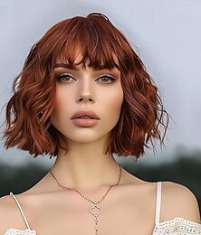 economico -parrucche corte per donne parrucca ondulata con frangia parrucca bob capelli sintetici onda d'acqua lunghezza media parrucche colorate per feste quotidiane