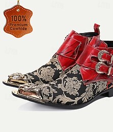 preiswerte -Florale Jacquard-Lederknöchelstiefel für Männer – Premium-Kuhleder rotes und schwarzes Brokatdesign mit goldener Doppel-Schnallenriemen und goldspitzigen dekorativen Zehen