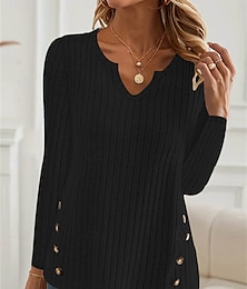 economico -Per donna Felpa Informale Morbido Colore puro A coste A V Bottoni Lavorato a maglia Manica lunga Top regolari Maglia Esterno Giornaliero Fine settimana Nero Autunno Inverno