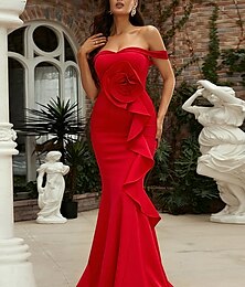 abordables -Robe de Soirée Sirène Élégante Robe Formelle Traîne Balayage  Brosse Manches Courtes Épaules Nues Poche Crêpe Extensible avec Plis