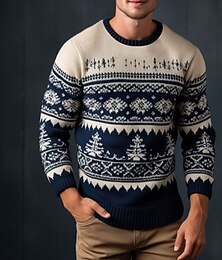 preiswerte -hässlicher Weihnachtspullover bedruckte Herrenpullover mit Schneeflocken-Print Strickpullover Strickmode Silvesterpullover Outdoor Alltag Urlaub Langarm Rundhalsausschnitt Marineblau Blau Dunkelblau