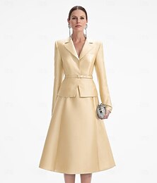 abordables -Robe blazer deux pièces A-Line champagne robe tuxedo élégante en V longueur thé manches longues avec robes unies