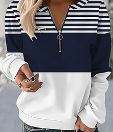 abordables -Sudadera de mujer a rayas para uso diario, con cremallera, informal, cuello redondo, manga larga, microelástica, otoño e invierno, cómoda, transpirable, tejido suave