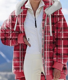 economico -Per donna Giacca in pile Cappotto teddy Giacca con cappuccio Tenere al caldo Traspirante Cerniera Tasche Stampa Collo di pelliccia Informale A quadri Da mare Strada Da tutti i giorni Per uscire