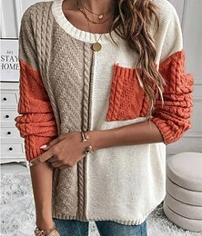 Недорогие -Жен. Вязаная ткань Пуловер Свитер На каждый день Мягкий Чистый цвет Кабель Вырез под горло Карман Трикотаж Длинный рукав Обычные топы Вязать на открытом воздухе Повседневные выходные Оранжевый Зеленый