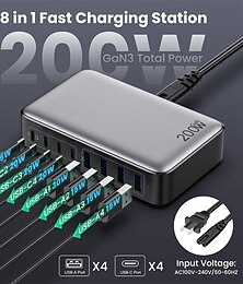 economico -Caricabatterie USB C da 200 W, stazione di ricarica rapida USB C a 8 porte, adattatore per caricabatterie per laptop PPS PD da 65 W