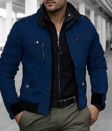 billiga -Herr Trucker Jacka Bomberjacka Vardaglig jacka Arbetsjacka Utomhus Dagliga kläder Bärbar Ficka Vår & Höst Slät Mode Streetwear Kinakrage Kort Svart Vinröd Marinblå Kaki Armégrön Jacka
