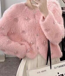billiga -dam tröja kofta fuzzy v-ringad ribbstickad pärlstickad höst vinter daglig helg ledig mjuk långärmad ren färg rosa aprikos