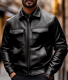 preiswerte -Herren Lederjacke Kunstlederjacke Motorrad Jacke Motorradjacke Täglich warm Regendicht Zip Tasche Herbst Winter Einfarbig Punk Vintage Ständer Standard Schwarz Braun Jacken