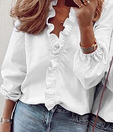 economico -Per donna Camicia Blusa Tinta unica Essenziale Informale Manica lunga A V Top regolari Giornaliero Con balze Bianco Blu Autunno Inverno