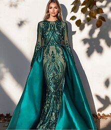 abordables -Robe de soirée en A satin élégante robe formelle longueur de sol à manches longues bateau décolleté détachable avec imprimé floral fente appliqués