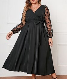 preiswerte -Damen Übergröße Kurve Casual kleid Schaukelkleid A Linie Kleid Feste Farbe kleid lang Langarm Spitze Patchwork V Ausschnitt Modisch Outdoor Schwarz Herbst XL 2XL 3XL 4XL