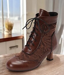 abordables -Botines de mujer estilo victoriano con diseño de encaje y detalles de piel sintética: calzado vintage con cordones para ocasiones informales y de disfraces