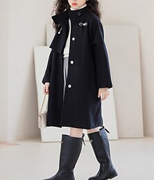 economico -Bambino Da ragazza Cappotto di lana Manica lunga Nero Tinta unica Pulsante Autunno Inverno Di tendenza Scuola 3-7 anni