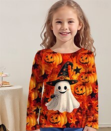 billiga -Halloween Flickor 3D Grafisk Pumpa Spöke T-shirt Långärmad Vår Höst Mode Grundläggande Polyester Barn 4-12 år Rund hals Utomhus Ledigt Dagligen Normal