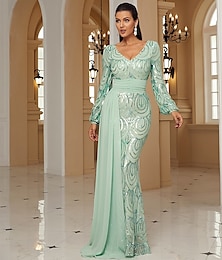 levne -Pouzdrová večerní róba elegantní šaty formální podlahové délky dlouhý rukáv výstřih do V s kapsou chiffon s lesklými plisováním
