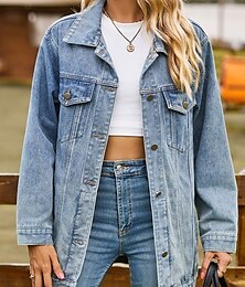 economico -Per donna Giacca di jeans Esterno Strada Da tutti i giorni Autunno Inverno Standard Cappotto Standard Tenere al caldo Traspirante Moda Informale Giacca Manica lunga Tinta unica Con tasche Blu chiaro