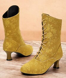 abordables -Botines vintage con cordones y flores para mujer con tacón medio: elegantes botas de jacquard para un estilo retro y ocasiones especiales
