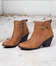 abordables -Botines estilo western vintage para mujer con tacones gruesos en bloque: botines de piel sintética con cremallera lateral para uso informal y al aire libre