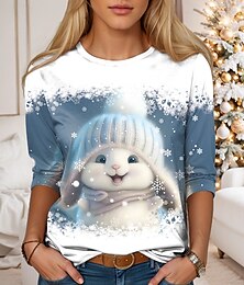economico -Maglietta da donna maniche lunghe inverno grafica con coniglio stampa casual collo a giro festività schema di fiocco di neve vestibilità regolare azzurro chiaro bianco