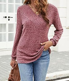 abordables -Femme Pull Chandail Pull Décontractées Flexible Couleur monochrome A côtes Col V Tricoté manche longue Hauts réguliers Tricoter Extérieur du quotidien Fin de semaine Noir Fuchsia Automne Hiver
