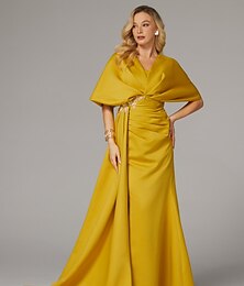 preiswerte -Etui-Abendkleid, elegantes Kleid, formelle Schleppe, halbe Ärmel, bodenlang, V-Ausschnitt, Satin mit Falten, gerüschten Kristallen, 2025