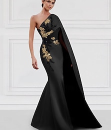 abordables -robe de soirée sirène cravate noire robe élégante formelle longueur au sol manches longues une épaule capes satin avec appliques de broderie 2025