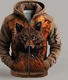 abordables -Hombre Lobo Sudaderas Sudadera Sudadera con capucha Con Capucha Moda Impresión 3D Vacaciones Noche Ropa de calle Marrón Cremallera Correa Otoño Invierno Diseñador