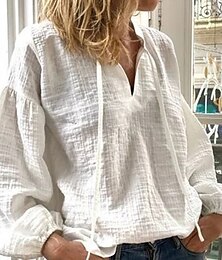abordables -Femmes Chemise Chemise en coton et lin ancien manche longue Manches Bouffantes Col en V Sortir Blanche Printemps & Automne