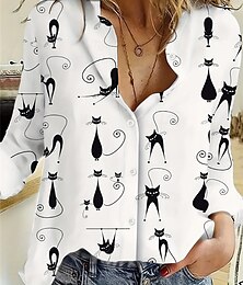 abordables -Mujer Camisa Gato Casual Manga Larga Cuello Camisero Tops regulares Trabajo Diario Botones Estampado Blanco Primavera Otoño Invierno