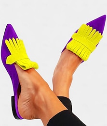 baratos -mules femininas de bico fino com franjas boho chic – sapatilhas vibrantes roxas e laranja com acabamento em camurça, perfeitas para passeios casuais e moda de verão