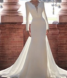 economico -Abiti da Sposa A-Line Collo a V Manica Lunga Strascico in Raso Abiti da Sposa con Paillettes in Piuma