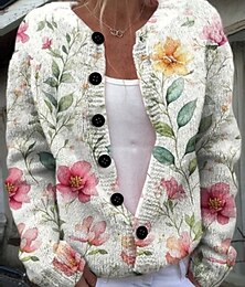 abordables -Femme Pull Chandail Gilet Cardigan Décontractées Flexible Floral A côtes Col Ras du Cou Boutons Poche Tricoté manche longue Hauts réguliers Tricoter Extérieur du quotidien Fin de semaine Noir Blanche