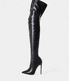 baratos -botas femininas pretas de couro sintético com salto alto até a coxa – design elegante e sexy acima do joelho para roupas de balada e glamour noturno