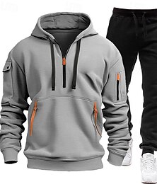 billiga -Herr Huvtröja Träningsoverall Svart Vit Marinblå Blå Ljusgrå Huva Halv dragkedja Slät 2 st Sport & Utomhus Dagligen Helgdag Polyester Streetwear Ledigt Vår & Höst Kläder Pull Tröjor