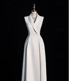 preiswerte -Hochzeitskleider Smoking Kleid A-Line V-Ausschnitt Ärmellos Bodenlänglich Taft Brautkleider mit einfarbigem Design