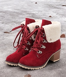 abordables -Botines de ante rojo con cordones para mujer, cuello de piel sintética y tacón de bloque: botas de invierno cálidas y elegantes para usar al aire libre