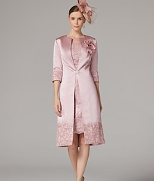 voordelige -Korte Jurk Pak Moeder van de Bruid Jurk Vintage Plus Sizes Sieraad Hals Knie Lengte Satijn Kant 3/4 Lengte Mouw Jas Jurken met Aplicaties Derby Jurk Race Dag Jurk 2025