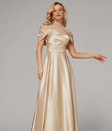 abordables -Vestido de Noche A-Line Elegante Vestido Formal Hasta el Suelo Manga Corta Cuello Ilusión de Satén con Bordado Fruncido