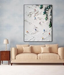 baratos -handpaint 3d branco campo de neve esqui tela pintura à mão original esquiador presente personalizado decoração de inverno texturizado faca pintura esqui arte branco pinho moldura pronta para pendurar